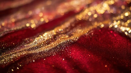 Red velvet texture adorned with golden glitter and shimmering bokeh lights reflecting in the background.