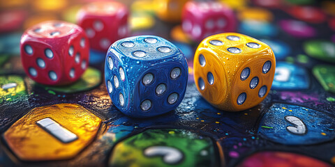 Colorful Dice on Vibrant Game Board
