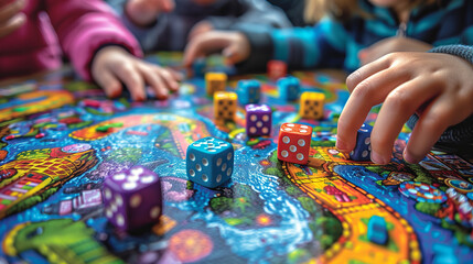 Colorful Dice and Children Playing Board Game
