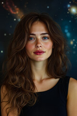 A woman with long brown hair and blue eyes looking at the camera