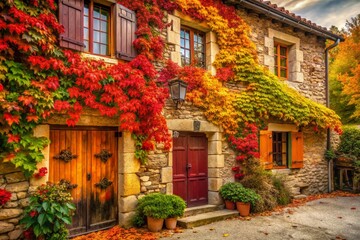 Naklejka premium Rustic Autumn Country House: Red & Green Vine Decorated Stone Wall Stock Photo