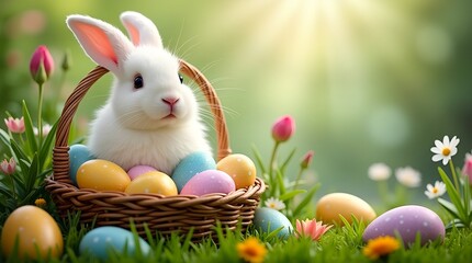 A fluffy white rabbit sits in a wicker easter basket filled with colorful easter eggs against a backdrop of green grass and blooming flowers.