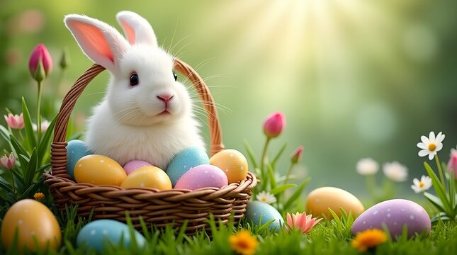 A fluffy white rabbit sits in a wicker easter basket filled with colorful easter eggs against a backdrop of green grass and blooming flowers.  - Powered by Adobe