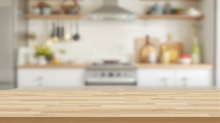 Mesa de madera vacía en cocina moderna con fondo desenfocado, ideal para presentar utensilios o alimentos