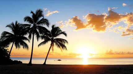 Stunning Sunset Over Tranquil Beach with Palm Trees and Clouds, Sunset palm trees silhouettes on tropical beach concept.