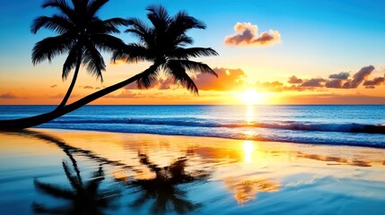 Obraz premium Bright Sunset with Palm Tree Silhouettes Reflecting on Calm Water, Sunset palm trees silhouettes on tropical beach concept.