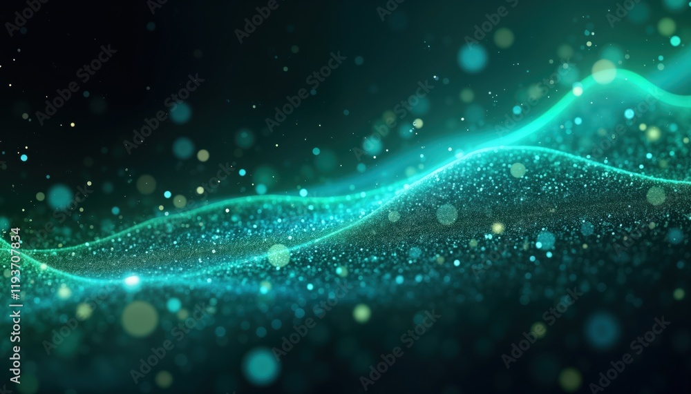 Poster Abstract glowing tech design. Teal blue green black colours create gradient banner. Dark background illuminated particles. Smooth composition looks modern, futuristic. Energetic visual with luminous