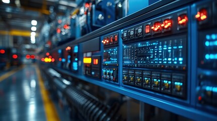 Advanced Control Panel with Illuminated Buttons and Displays in a Modern Industrial Setting Showcasing Technology and Innovation in Automation Systems