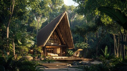 Fototapeta premium Tropical jungle hut with thatched roof, pool, and patio.