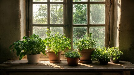 Sunlit herbs in pots on rustic windowsill.
