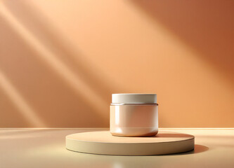  a small glass jar with a white lid placed on a round white pedestal. The jar is filled with a light pinkish-orange liquid, which appears to be a skincare product