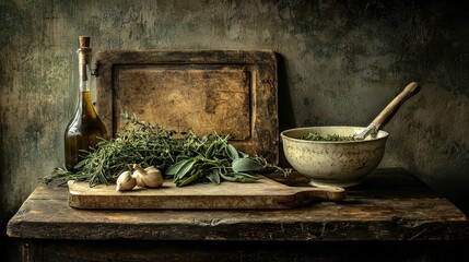 Rustic still life of herbs, garlic, olive oil, and mortar.