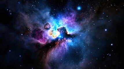 A colorful nebula in space with a blue star in the middle