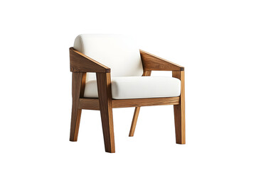 A wooden chair with a white cushion sits on a white background