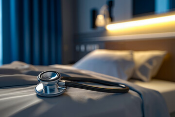 A stethoscope sitting on top of a bed in a hospital room