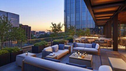 An outdoor terrace with lounge furniture, perfect for team brainstorming sessions