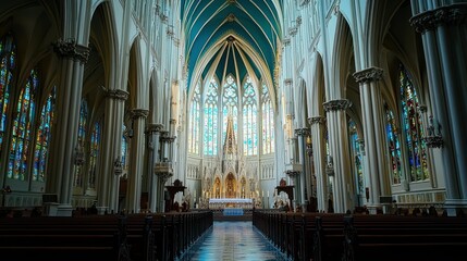 Majestic cathedral interior with stained glass, high ceilings, and rows of pews.