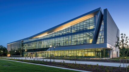 Obraz premium Modern glass and metal building at dusk. (1)