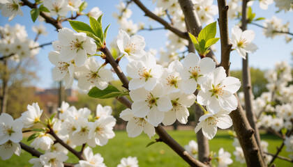 White cherry blossoms blooming on tree branches in springtime park
