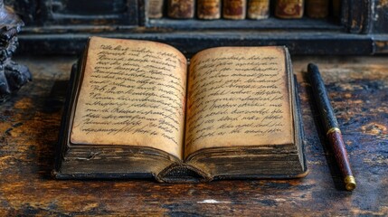 Obraz premium An open book with handwritten notes beside a vintage ink pen on a rustic desk.