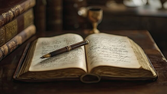 An open book with handwritten notes beside a vintage ink pen on a rustic desk.