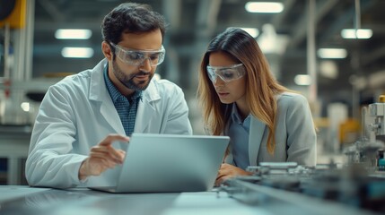 Industrial Collaboration Two engineers, clad in safety goggles and lab coats, huddle over a laptop in a bustling industrial setting.