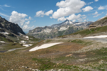 View of Val-d'Isere seen from the summit of Col de Iseran (Iseran Pass), Savoie, France