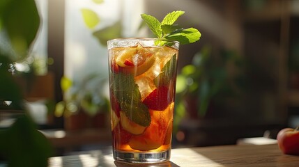 An iced tea with fresh fruit slices and a sprig of mint in a tall glass.