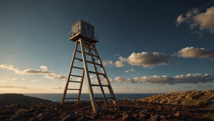 Naklejka premium Lifeguard tower stands tall on rugged coastal terrain during sunset amidst colorful clouds
