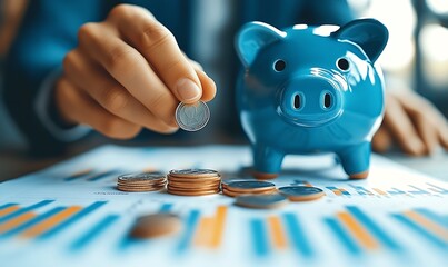 Person saving money in a blue piggy bank