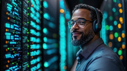 Data Center Specialist, A confident and skilled IT professional,  wearing headphones,  works within a bustling data center, his face illuminated by the colorful lights of servers.