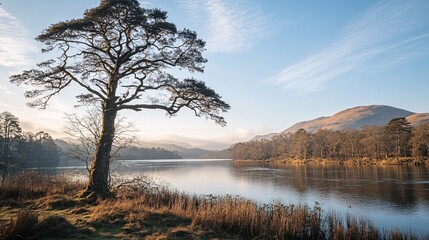 Fototapeta premium Solitary Tree by Calm Lake at Dawn