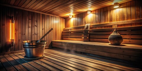 Rustic Wooden Sauna Interior: Relaxing Spa Environment Stock Photo