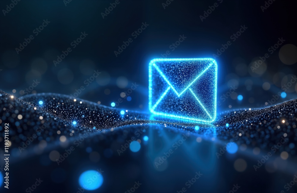 Poster Digital email icon glows brightly on dark tech background. Abstract glowing envelope shaped by light dots. Futuristic communication concept. Modern digital message illustration. Electronic mail