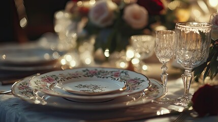 Fototapeta premium An elegant table setting with fine china, crystal glasses, and floral arrangements for a prom dinner.
