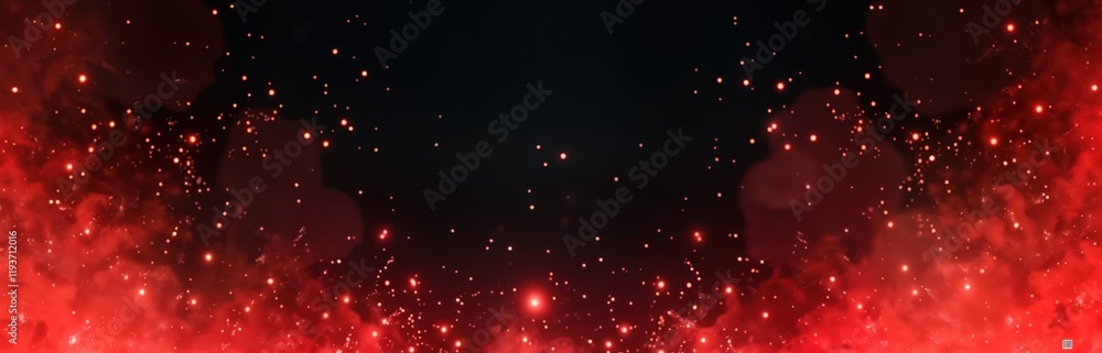 Poster Abstract illustration with red smoke, sparks on dark background. Dynamic energy, heat shown. Great for tech themes like gaming sci-fi. Digital render perfect for animated graphics header design.
