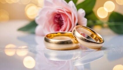 Gold wedding rings, and flowers in bokeh background