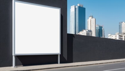 Blank billboard on a street in an urban setting with a clear sky