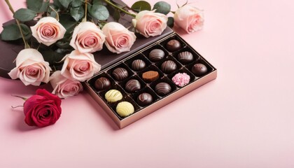 Chocolates and Roses Perfect Combination on soft pink table, copy space