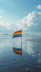 Fototapeta premium Rainbow flag standing in water with reflections and cloudy sky.Pride Month, event promotion, LGBT celebration.Diversity and pride. Unity. Standing for equality.