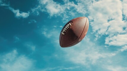 An action shot of a football soaring through the air against a blue sky.