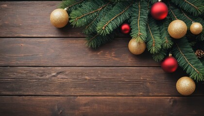 Christmas New Year decoration composition. Top view of fur-tree branches and balls frame on wooden background
