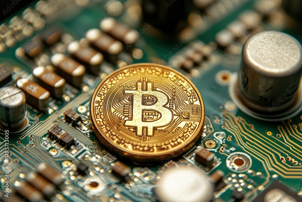 Poster close-up of a bitcoin on a circuit board, symbolizing cryptocurrency and technology.