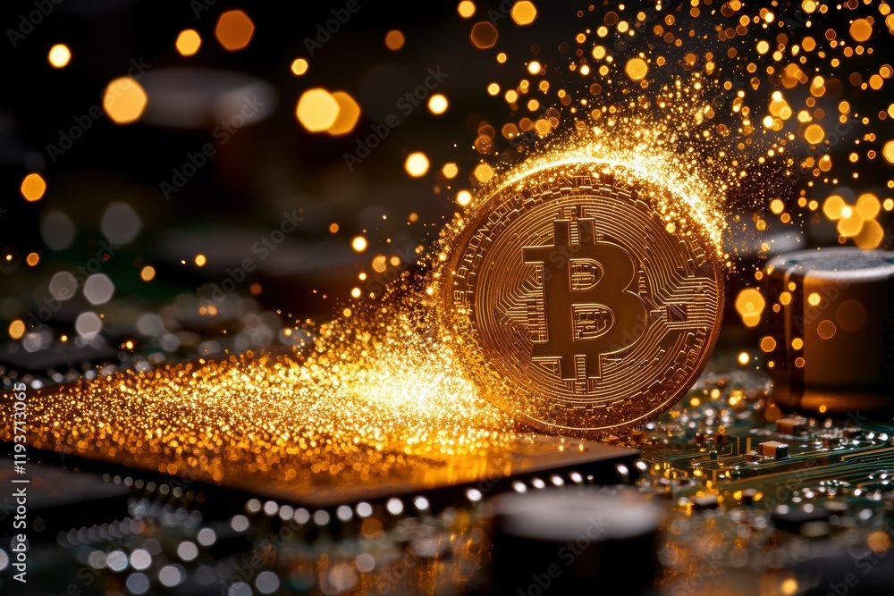 Poster golden bitcoin coin surrounded by sparkling digital elements on a circuit board.