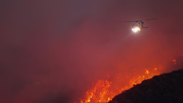 In January 7, 8, 9, 2025, brave helicopter crews battle a fierce wildfire threatening Malibu, demonstrating extraordinary bravery and skill in intense firefighting efforts