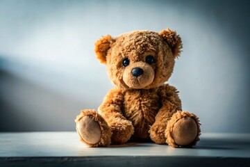 Obraz premium Sad Lonely Teddy Bear, Regretful Alone Toy, Close Up, White Background Stock Photo