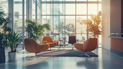 A welcoming office environment featuring large windows, natural light, and comfortable lounge furniture.