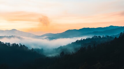 Fototapeta premium a view of a mountain range with a foggy forest below it at sunset