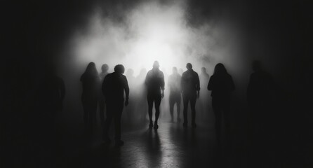 a group of people standing in a dark room with a light coming through the fog behind them