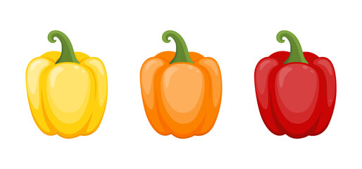 Vector set of colored bell peppers. Green, yellow, and orange peppers. Vector food illustration.